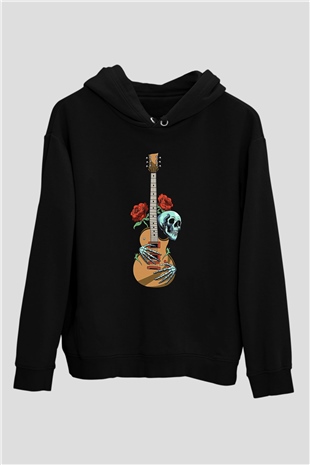 Elektro Gitar Baskılı Unisex Siyah Hoodie