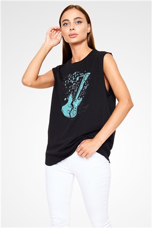 Elektro Gitar Baskılı Unisex Siyah Kolsuz Tişört - Tshirt