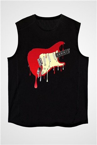 Elektro Gitar Baskılı Unisex Siyah Kolsuz Tişört - Tshirt