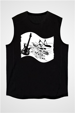 Elektro Gitar Baskılı Unisex Siyah Kolsuz Tişört - Tshirt