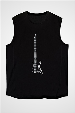 Elektro Gitar Baskılı Unisex Siyah Kolsuz Tişört - Tshirt