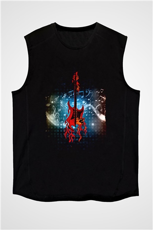 Elektro Gitar Baskılı Unisex Siyah Kolsuz Tişört - Tshirt