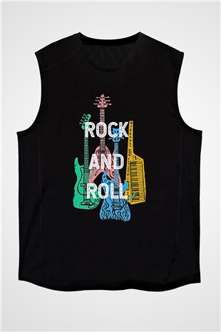 Elektro Gitar Baskılı Unisex Siyah Kolsuz Tişört - Tshirt