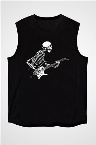 Elektro Gitar Baskılı Unisex Siyah Kolsuz Tişört - Tshirt