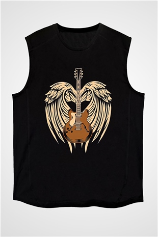 Elektro Gitar Baskılı Unisex Siyah Kolsuz Tişört - Tshirt