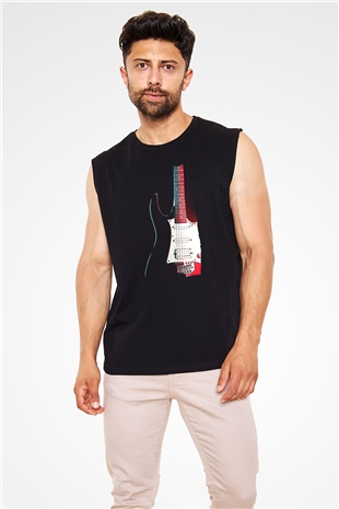 Elektro Gitar Baskılı Unisex Siyah Kolsuz Tişört - Tshirt