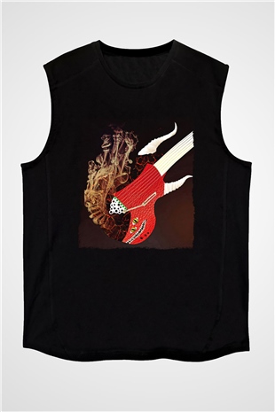 Elektro Gitar Baskılı Unisex Siyah Kolsuz Tişört - Tshirt