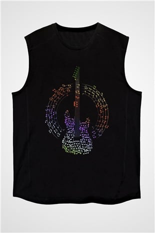 Elektro Gitar Baskılı Unisex Siyah Kolsuz Tişört - Tshirt