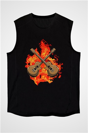 Elektro Gitar Baskılı Unisex Siyah Kolsuz Tişört - Tshirt