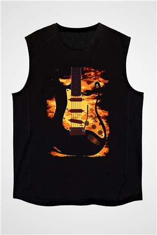 Elektro Gitar Baskılı Unisex Siyah Kolsuz Tişört - Tshirt