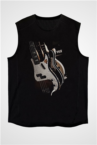 Elektro Gitar Baskılı Unisex Siyah Kolsuz Tişört - Tshirt