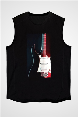 Elektro Gitar Baskılı Unisex Siyah Kolsuz Tişört - Tshirt