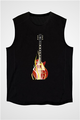 Elektro Gitar Baskılı Unisex Siyah Kolsuz Tişört - Tshirt