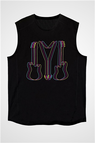 Elektro Gitar Baskılı Unisex Siyah Kolsuz Tişört - Tshirt