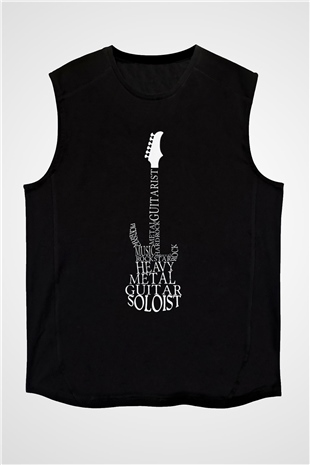 Elektro Gitar Baskılı Unisex Siyah Kolsuz Tişört - Tshirt
