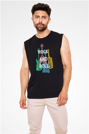 Elektro Gitar Baskılı Unisex Siyah Kolsuz Tişört - Tshirt