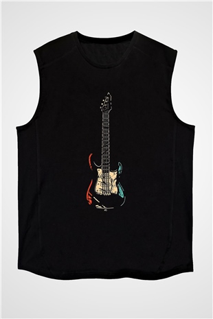 Elektro Gitar Baskılı Unisex Siyah Kolsuz Tişört - Tshirt