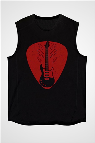 Elektro Gitar Baskılı Unisex Siyah Kolsuz Tişört - Tshirt
