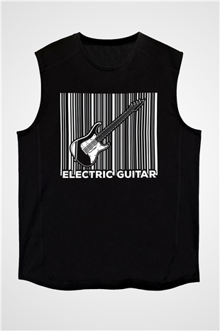 Elektro Gitar Baskılı Unisex Siyah Kolsuz Tişört - Tshirt