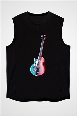 Elektro Gitar Baskılı Unisex Siyah Kolsuz Tişört - Tshirt