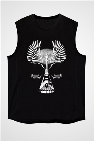 Elektro Gitar Baskılı Unisex Siyah Kolsuz Tişört - Tshirt