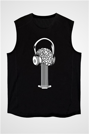 Elektro Gitar Baskılı Unisex Siyah Kolsuz Tişört - Tshirt