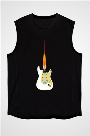 Elektro Gitar Baskılı Unisex Siyah Kolsuz Tişört - Tshirt