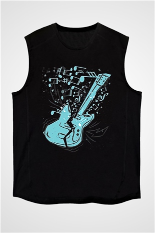 Elektro Gitar Baskılı Unisex Siyah Kolsuz Tişört - Tshirt