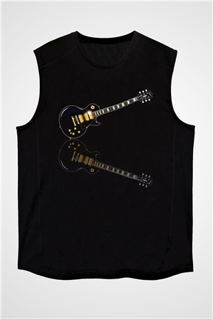 Elektro Gitar Baskılı Unisex Siyah Kolsuz Tişört - Tshirt