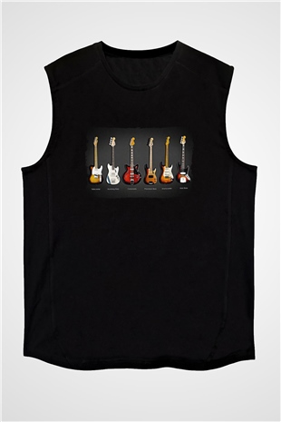 Elektro Gitar Baskılı Unisex Siyah Kolsuz Tişört - Tshirt