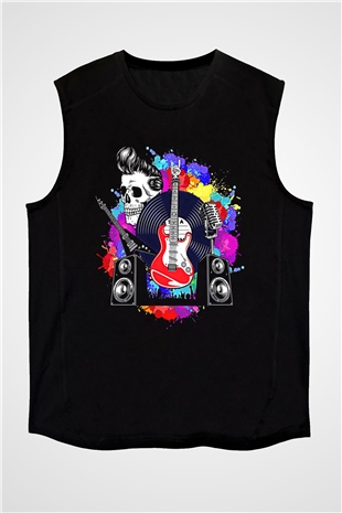 Elektro Gitar Baskılı Unisex Siyah Kolsuz Tişört - Tshirt