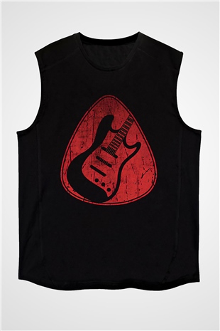 Elektro Gitar Baskılı Unisex Siyah Kolsuz Tişört - Tshirt