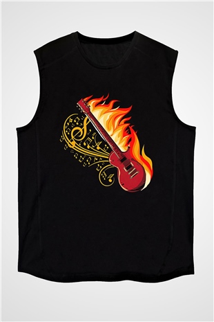Elektro Gitar Baskılı Unisex Siyah Kolsuz Tişört - Tshirt