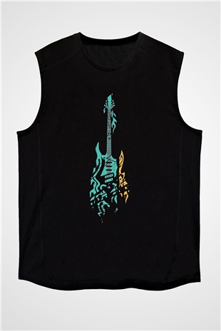 Elektro Gitar Baskılı Unisex Siyah Kolsuz Tişört - Tshirt