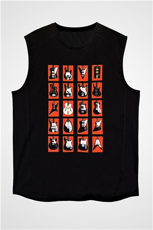 Elektro Gitar Baskılı Unisex Siyah Kolsuz Tişört - Tshirt