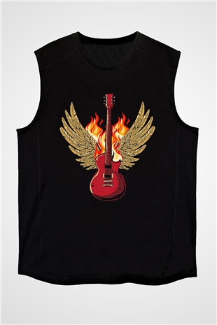 Elektro Gitar Baskılı Unisex Siyah Kolsuz Tişört - Tshirt