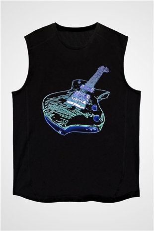 Elektro Gitar Baskılı Unisex Siyah Kolsuz Tişört - Tshirt