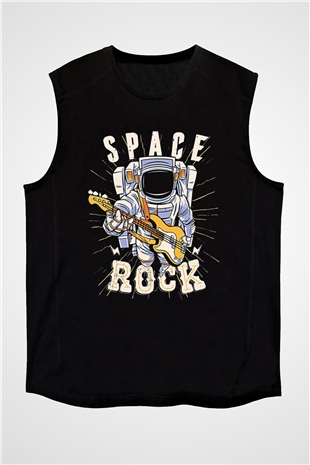 Elektro Gitar Baskılı Unisex Siyah Kolsuz Tişört - Tshirt