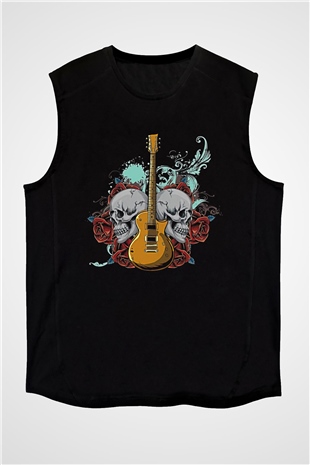 Elektro Gitar Baskılı Unisex Siyah Kolsuz Tişört - Tshirt