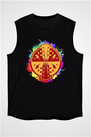 Elektro Gitar Baskılı Unisex Siyah Kolsuz Tişört - Tshirt