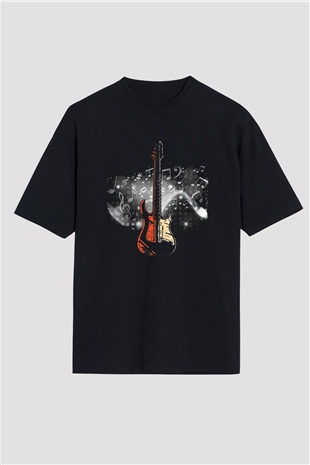 Elektro Gitar Baskılı Unisex Siyah Oversize Tişört - Tshirt
