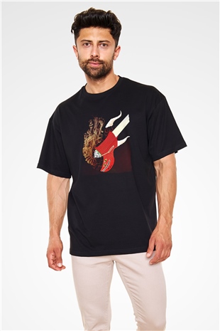 Elektro Gitar Baskılı Unisex Siyah Oversize Tişört - Tshirt