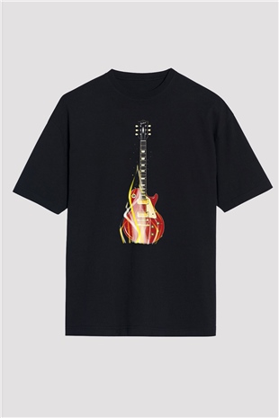 Elektro Gitar Baskılı Unisex Siyah Oversize Tişört - Tshirt