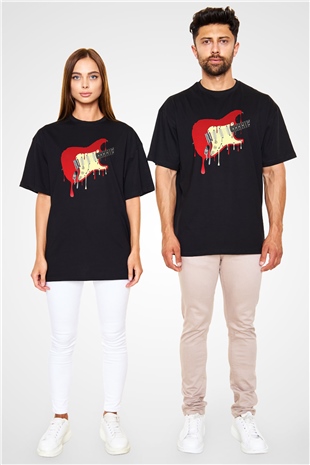 Elektro Gitar Baskılı Unisex Siyah Oversize Tişört - Tshirt