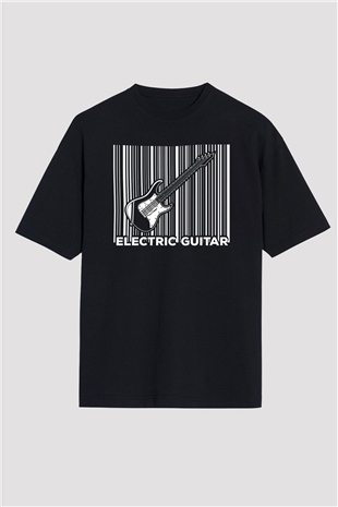 Elektro Gitar Baskılı Unisex Siyah Oversize Tişört - Tshirt