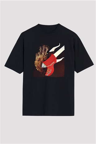 Elektro Gitar Baskılı Unisex Siyah Oversize Tişört - Tshirt