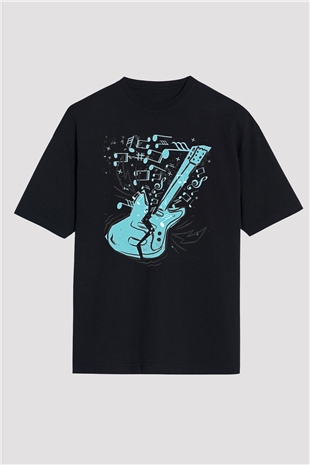 Elektro Gitar Baskılı Unisex Siyah Oversize Tişört - Tshirt