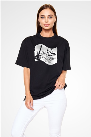 Elektro Gitar Baskılı Unisex Siyah Oversize Tişört - Tshirt