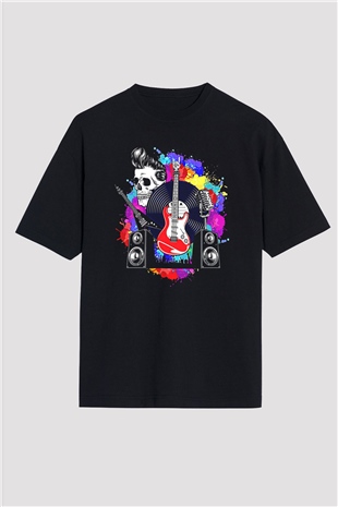 Elektro Gitar Baskılı Unisex Siyah Oversize Tişört - Tshirt