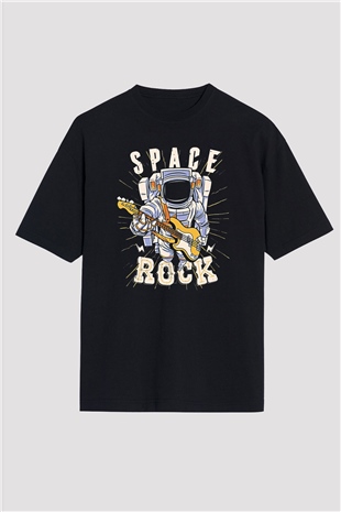 Elektro Gitar Baskılı Unisex Siyah Oversize Tişört - Tshirt